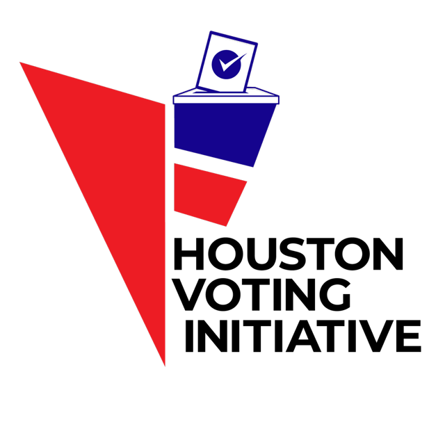 Abstract design featuring a red and blue geometric shape resembling a ballot box with a voting paper containing a check mark symbol.