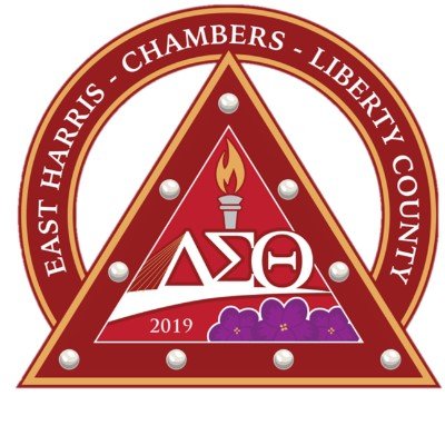 Logo of an organization featuring a red triangle with a torch, Greek letters, and purple flowers, encircled by the text 'East Harris - Chambers - Liberty County'.