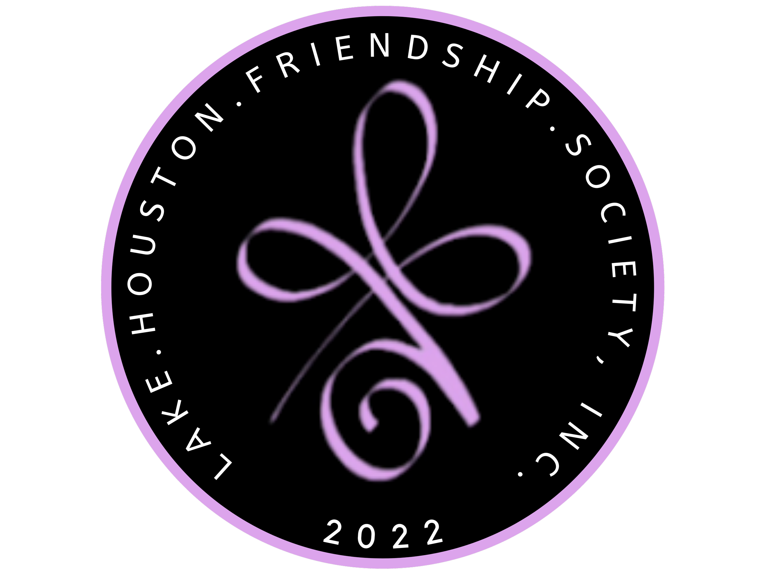 Logo of Lake Houston Friendship Society, Inc. 2022 with purple symbol and border on black background.