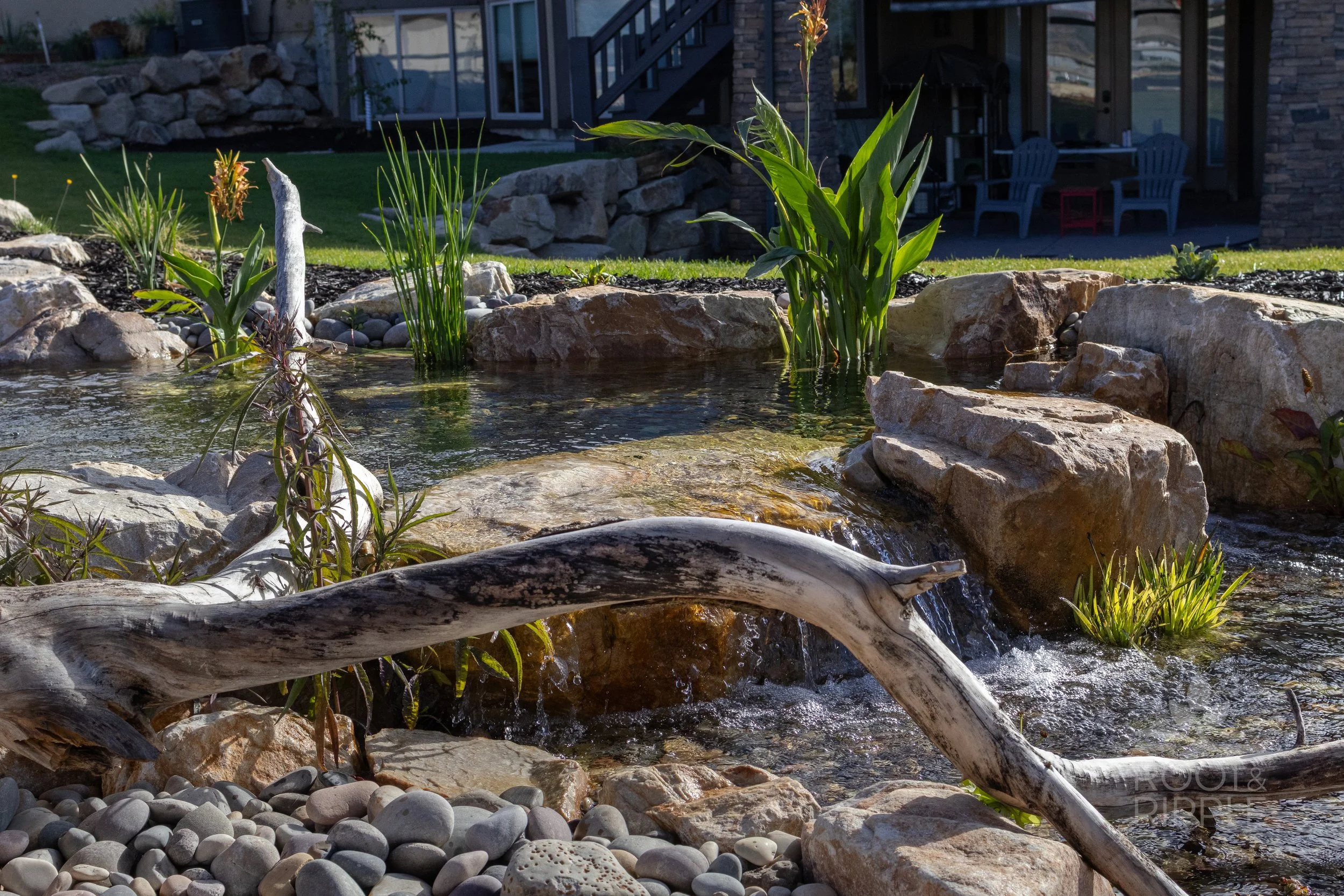 A flowing stream in a backyard in Kamas, UT. The stream has multiple waterfalls and driftwood, green plants, and river rock in it.