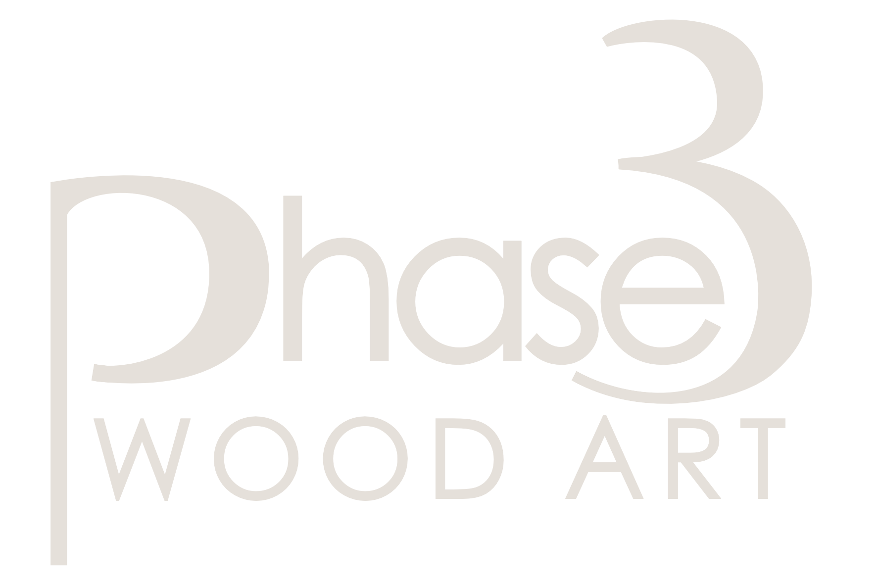 Logo for Phase 3 Wood Art with the words 'Phase 3' in large font and 'Wood Art' below in smaller font, all in gray on a black background.