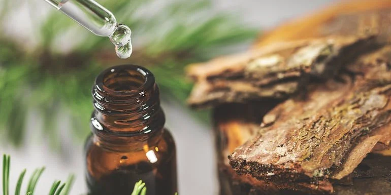 A dropper bottle of essential oil being used to drop oil into a small amber glass bottle with a log and pine branches in the background.