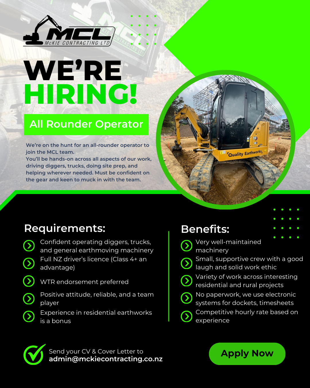 Construction equipment advertisement for MCL contracting, featuring a yellow digger on a construction site, announcing hiring for all rounder operator position with details on requirements, benefits, and application instructions.