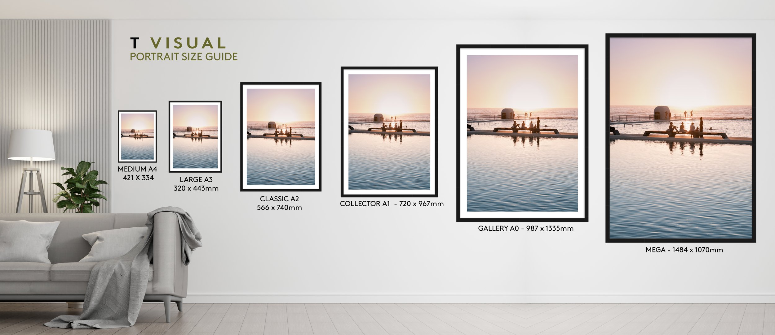 A size guide chart for different print formats of a sunset beach scene, from medium A4 to mega size, displayed on a living room wall with a sofa, lamp, and plant.