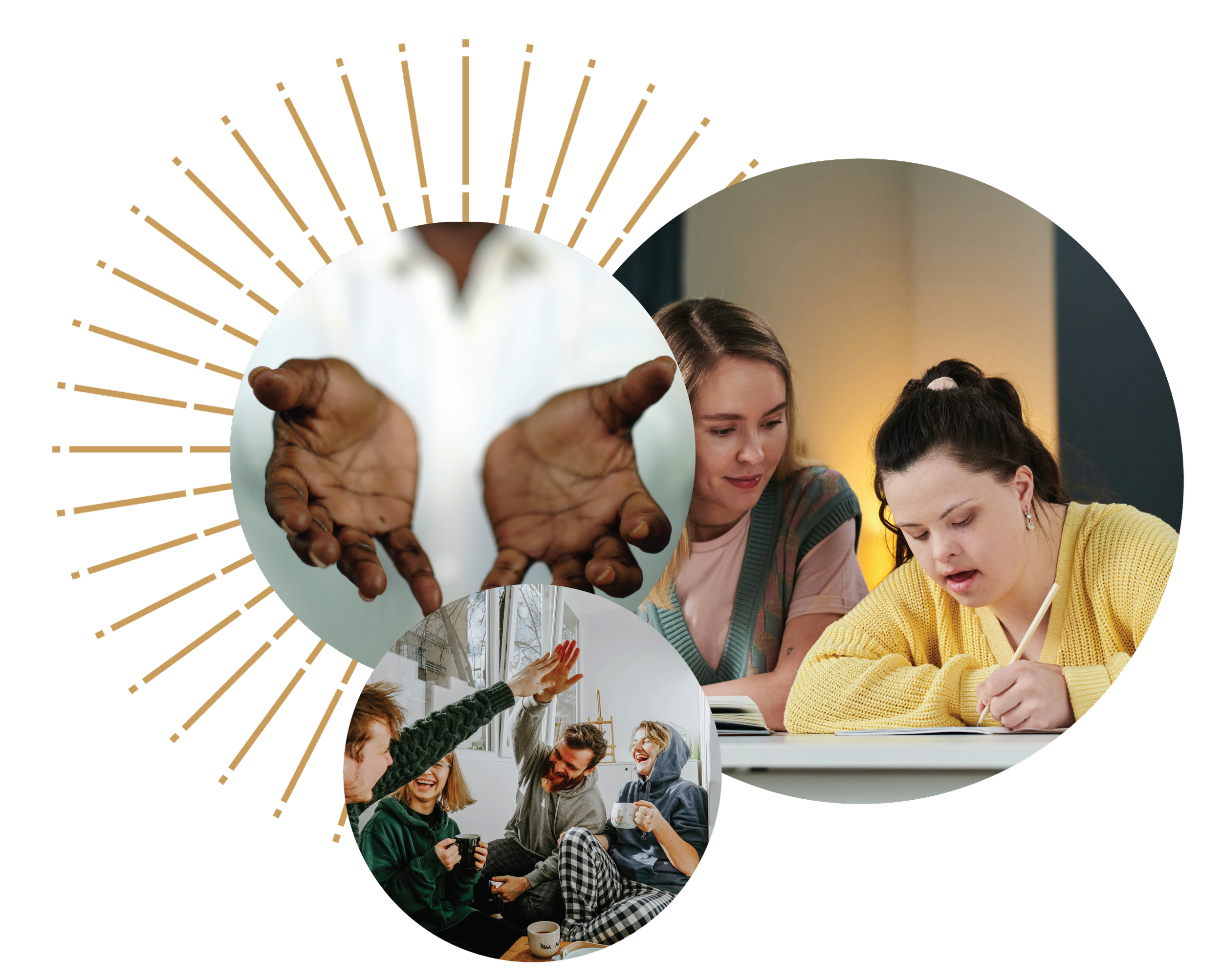 Collage of founder’s hands, caregiver helping a woman with Down syndrome, and a group high-fiving, symbolizing community and specialized support services