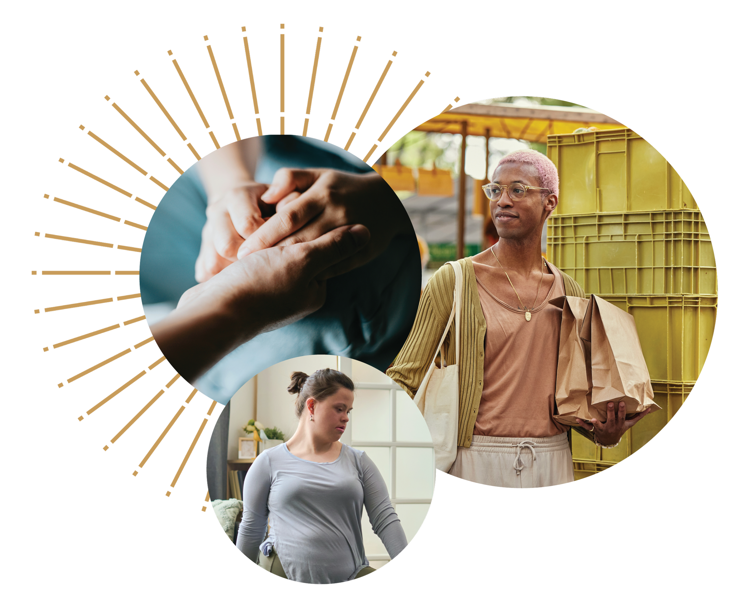 Collage showing a woman grocery shopping, hands held in support, and a woman with Down syndrome doing yoga, representing holistic home care services — representing holistic disability support services in Ohio