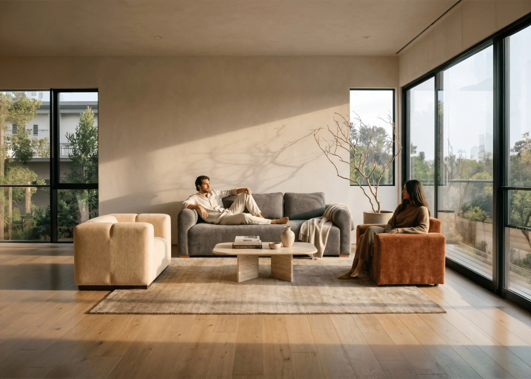 A man and woman sitting on separate couches in a modern living room with large windows, wooden floors, and minimal decor, during daytime.