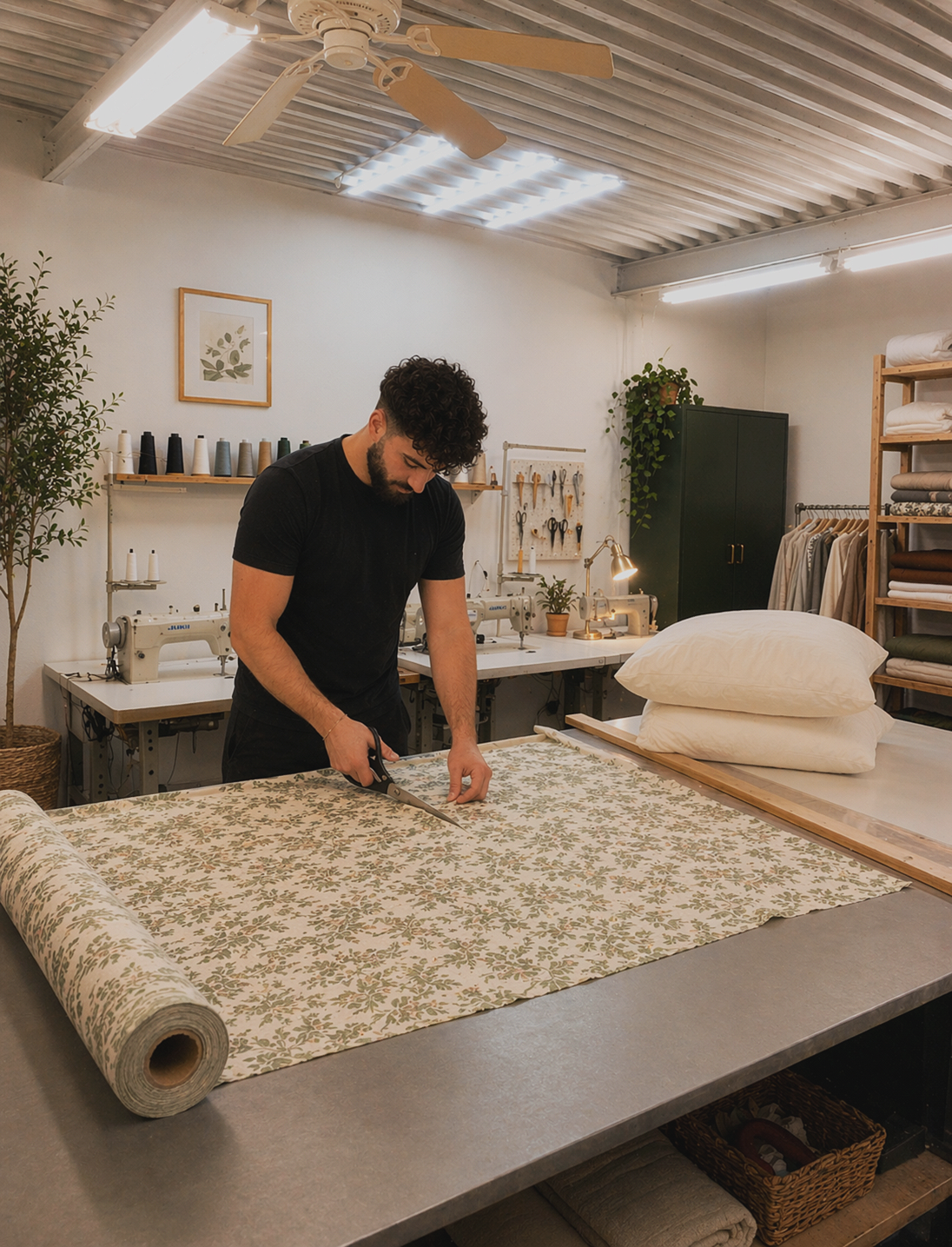 A person cutting fabric on a worktable in a textile workshop with sewing machines, stored fabrics, and decor in the background.