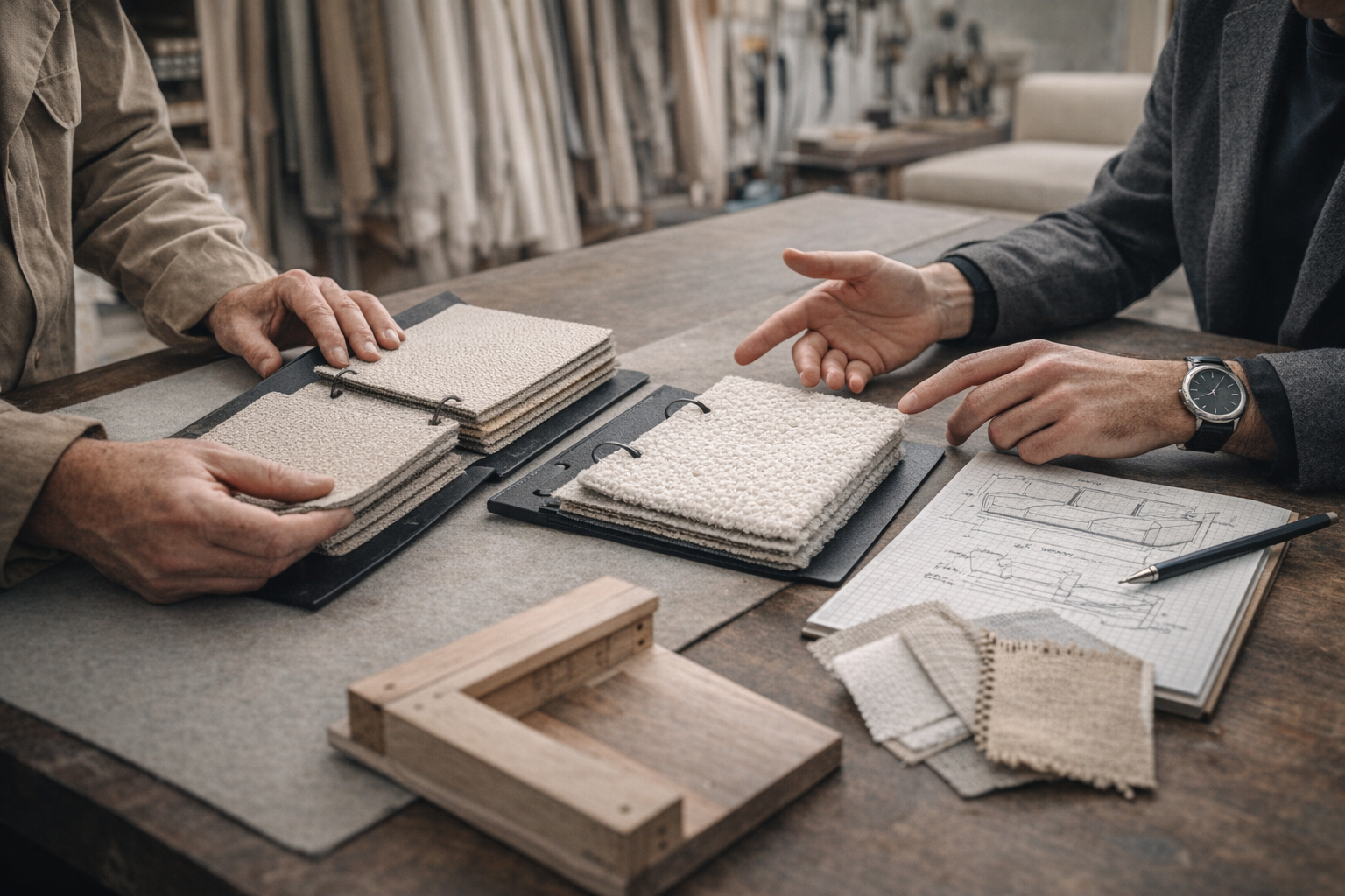 Two people discussing fabric samples and design sketches at a woodworking or upholstery workshop.