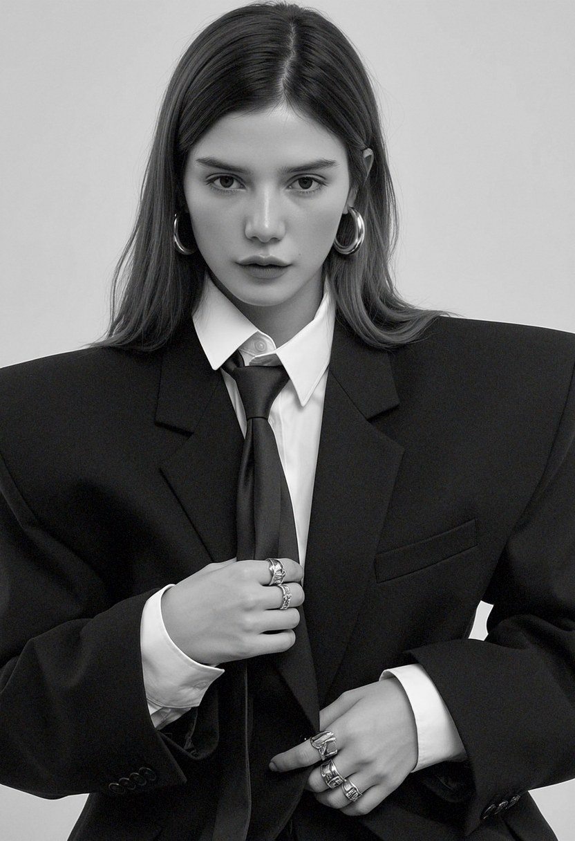 A young woman with straight hair wearing a black blazer, white shirt, black tie, and large hoop earrings, posing with her hands near her waist.