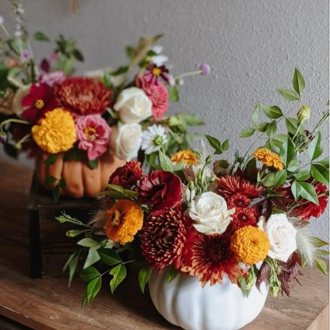 We know you all love our flower classes! October we are  featuring pumpkins as a vase with a fall color-way for florals. Maybe yours will be spooky! 

🎃The details :  October 23rd at 5:30pm, spirits and charcuterie included. Call to reserve your spo
