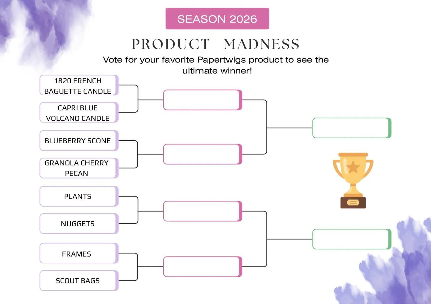 ⚡️Product Madness⚡️

Over the next few weeks we will be doing our own bracket challenge! 
Each week we will post 2 polls on our stories of some fan favorite products in our store! You will be deciding which product is your ultimate favorite! 
We will