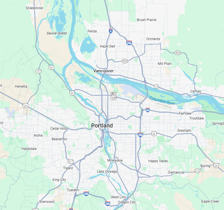 Map of Portland, Oregon, and Vancouver, Washington, showing main roads, rivers including Columbia River, and surrounding areas.