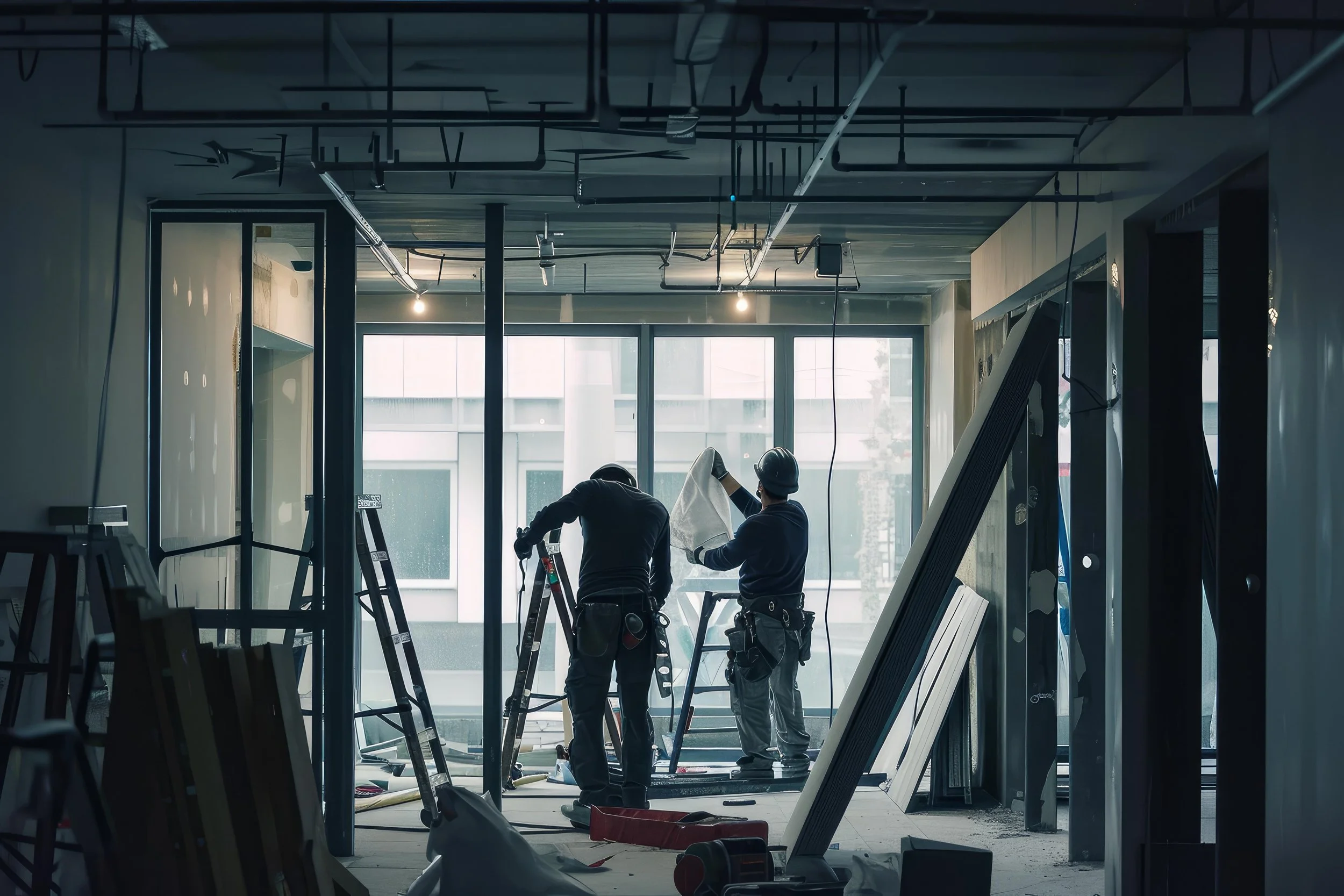 Two construction workers on a scaffold in an unfinished indoor space with large windows, exposed ceiling pipes, and tools and materials scattered around.