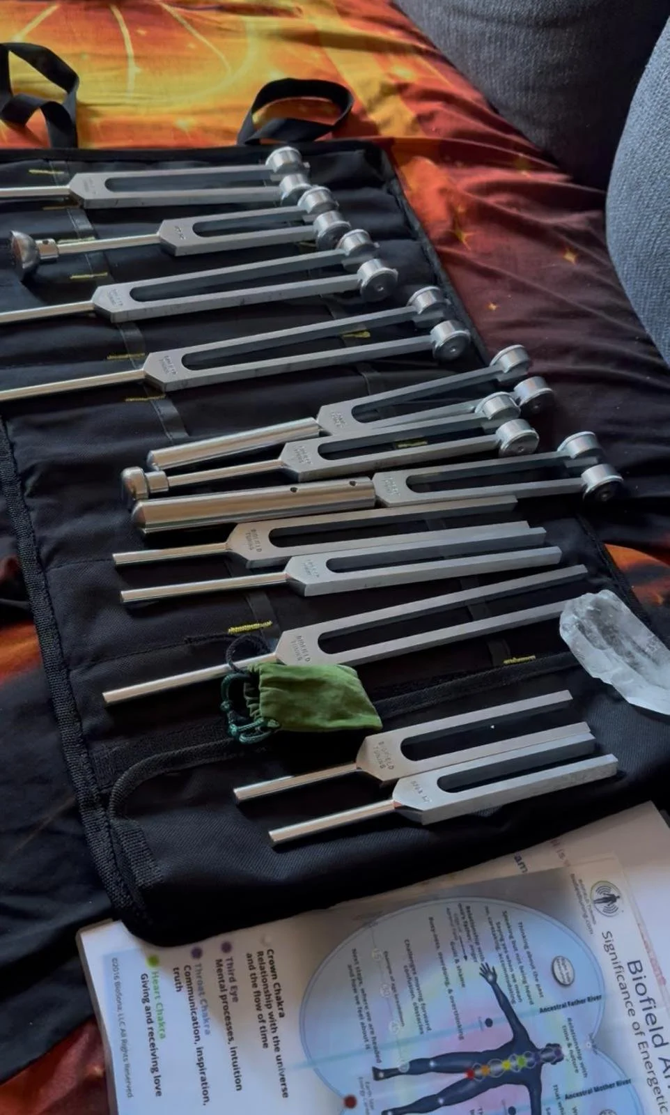 A set of tuning forks arranged on a black case with a green cloth and an informational brochure underneath.