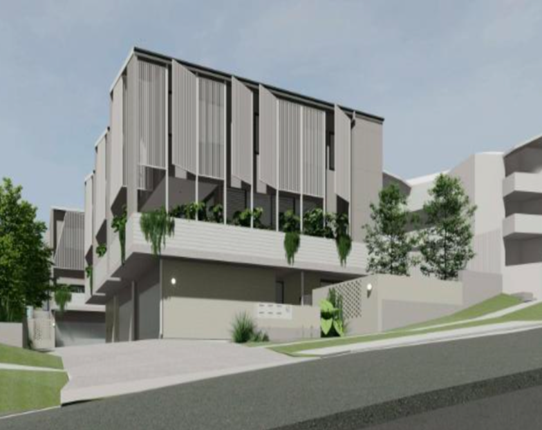 Rendering of a modern multi-story building with vertical slats and greenery on the balconies, situated on a sloped street with trees and neighboring buildings.