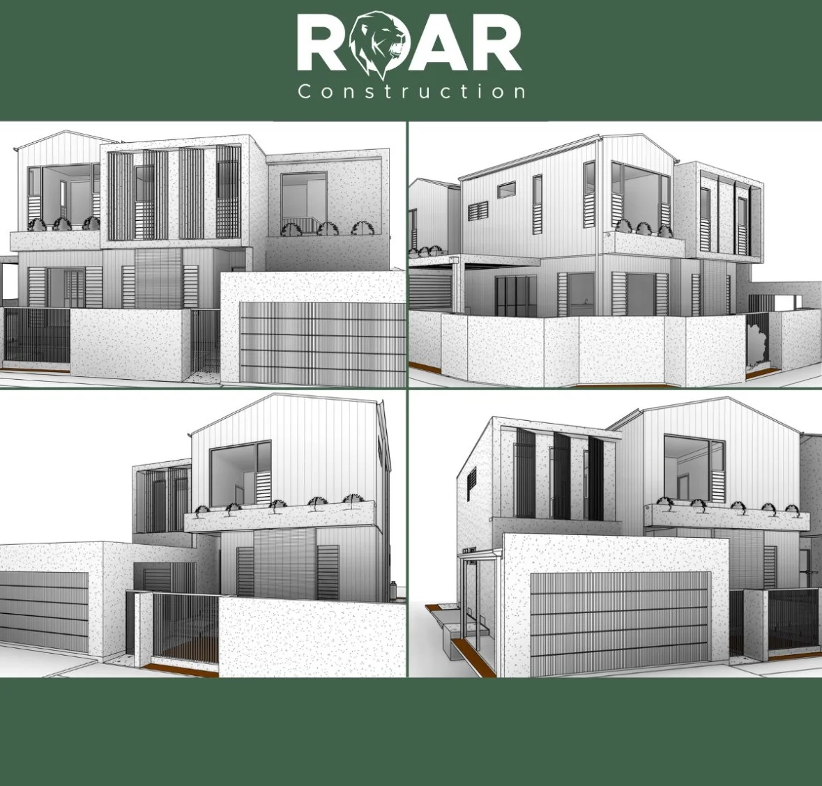 Architectural drawings of a modern two-story house with various angles and an emphasis on exterior design elements like fencing, balconies, and large windows, all labeled under 'ROAR Construction'.