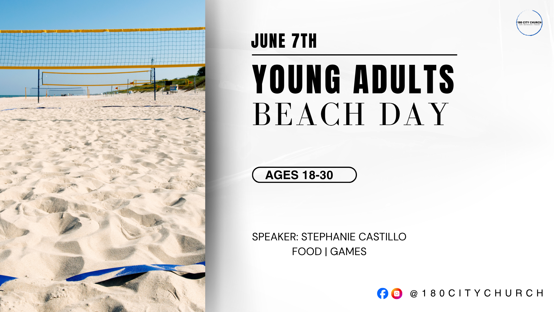 Beach volleyball courts on sandy beach with banners and event details for Young Adults Beach Day on June 7th, for ages 18-30, hosted by 180 City Church.
