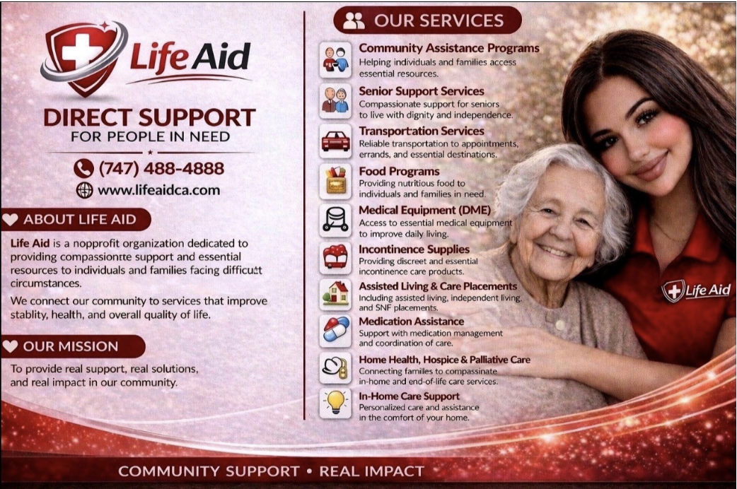 Brochure for Life Aid showing contact info, mission, and services including community assistance, senior support, transportation, food programs, medical equipment, incontinent supplies, assisted living, medication assistance, hospice, and in-home care, with a photo of a caregiver and elderly woman.