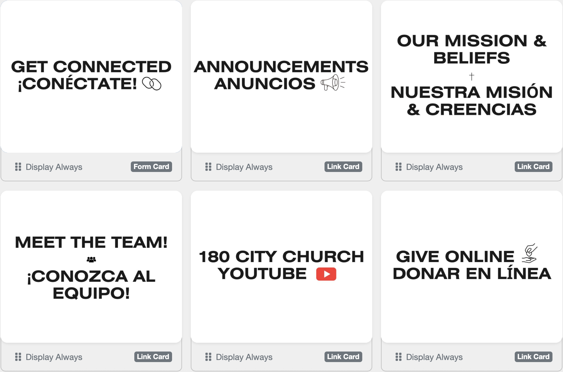 Collection of six cards with various messages and icons: 'Get Connected' with linked icon, 'Announcements' with megaphone icon, 'Our Mission & Beliefs' with plus sign, 'Meet the Team' with people icon, '180 City Church YouTube' with YouTube logo, and 'Give Online' with hand icon.