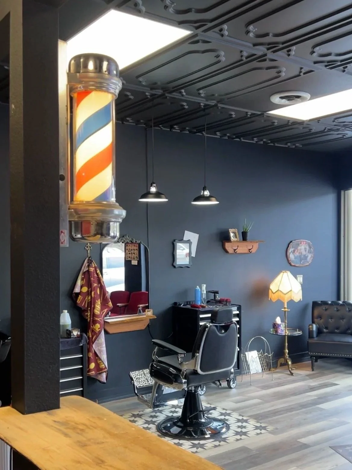 Barber pole and barber chair at Port Townsend Barbershop
