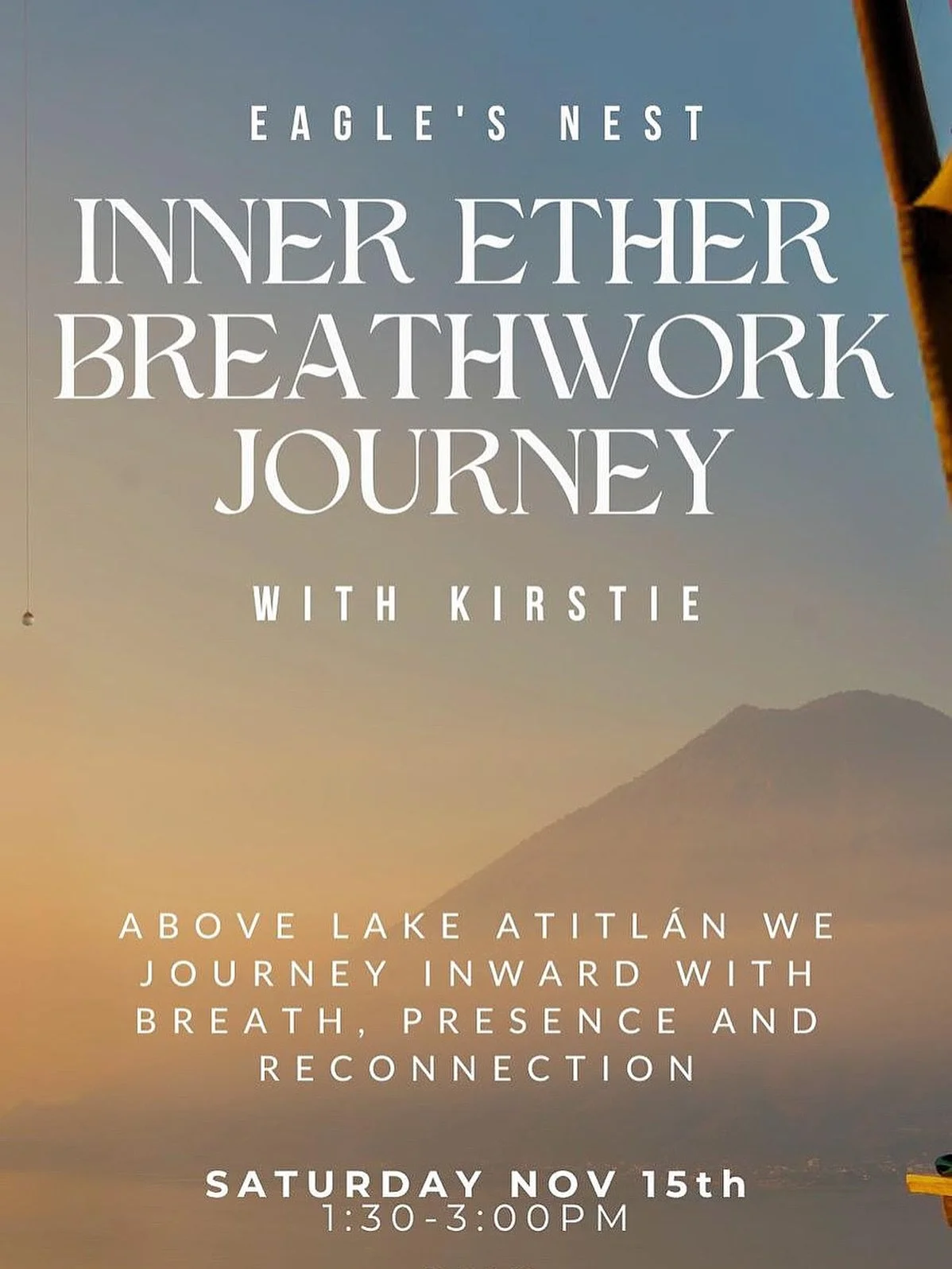 Join us this Saturday at @eaglesnestatitlan for an INNER ETHER breathwork journey overlooking beautiful Lake Atitl&aacute;n ✨

A ceremony of breath, presence, and reconnection in the jungle. Breathe beyond the mind and into the body. 

Saturday, Nove