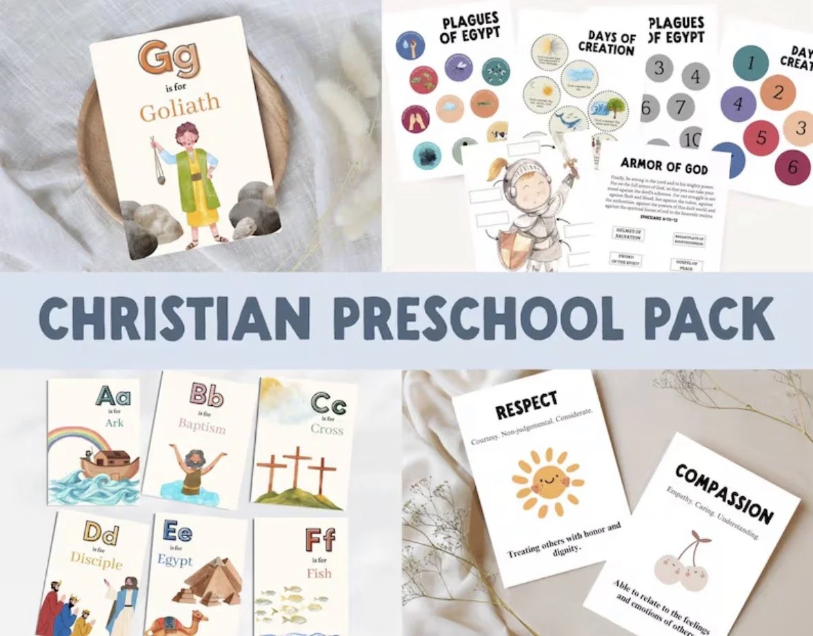 Christian Preschool Learning Bundle | Bible Busy Book, Scripture Posters, Alphabet Flashcards & Worksheets