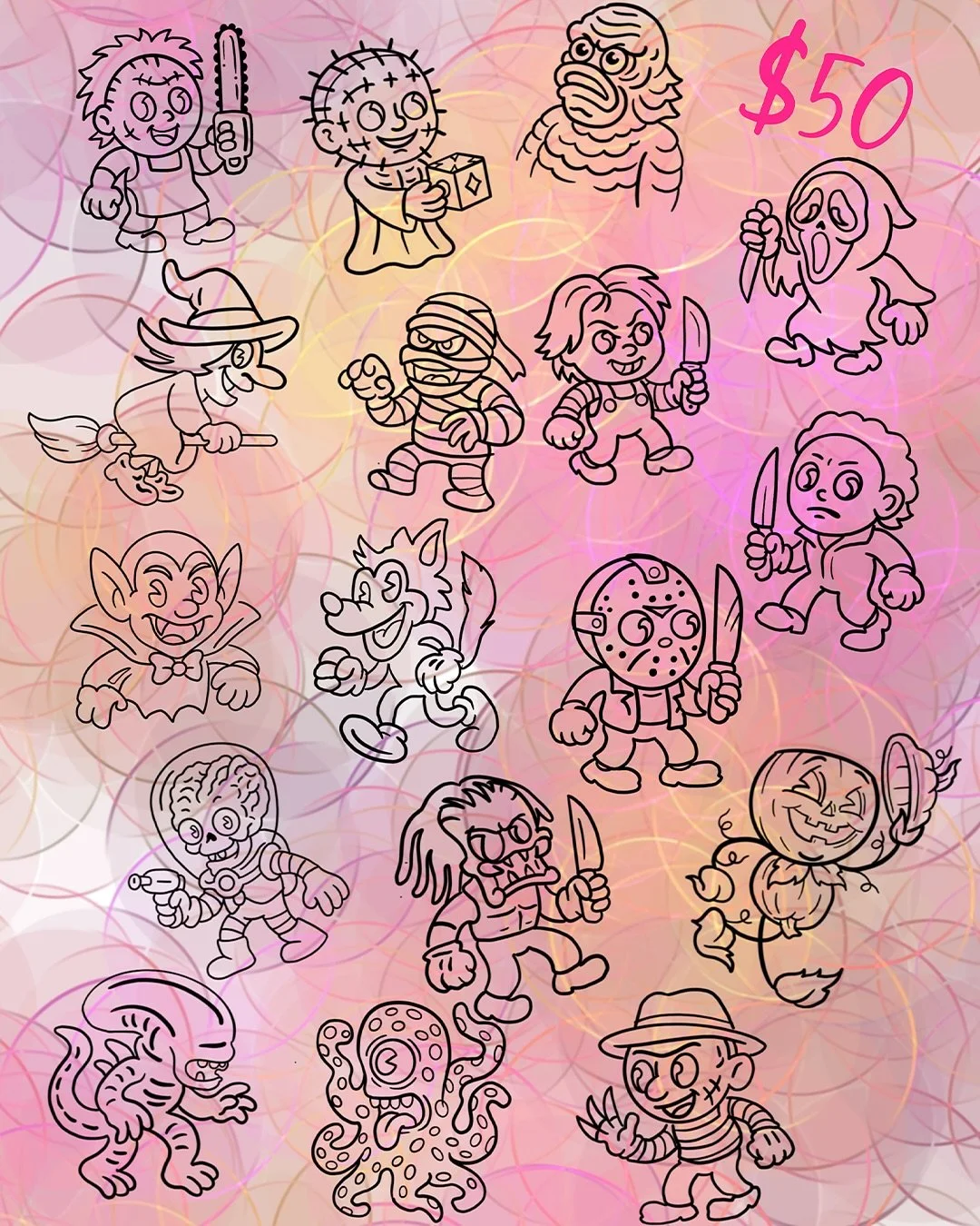 We have a few spots available still on the 30th if you want any of these cuties! These can be line work or added shading and/or coloring for the price listed! 
We’re so excited to do these for y’all!
if you’re interested, please t