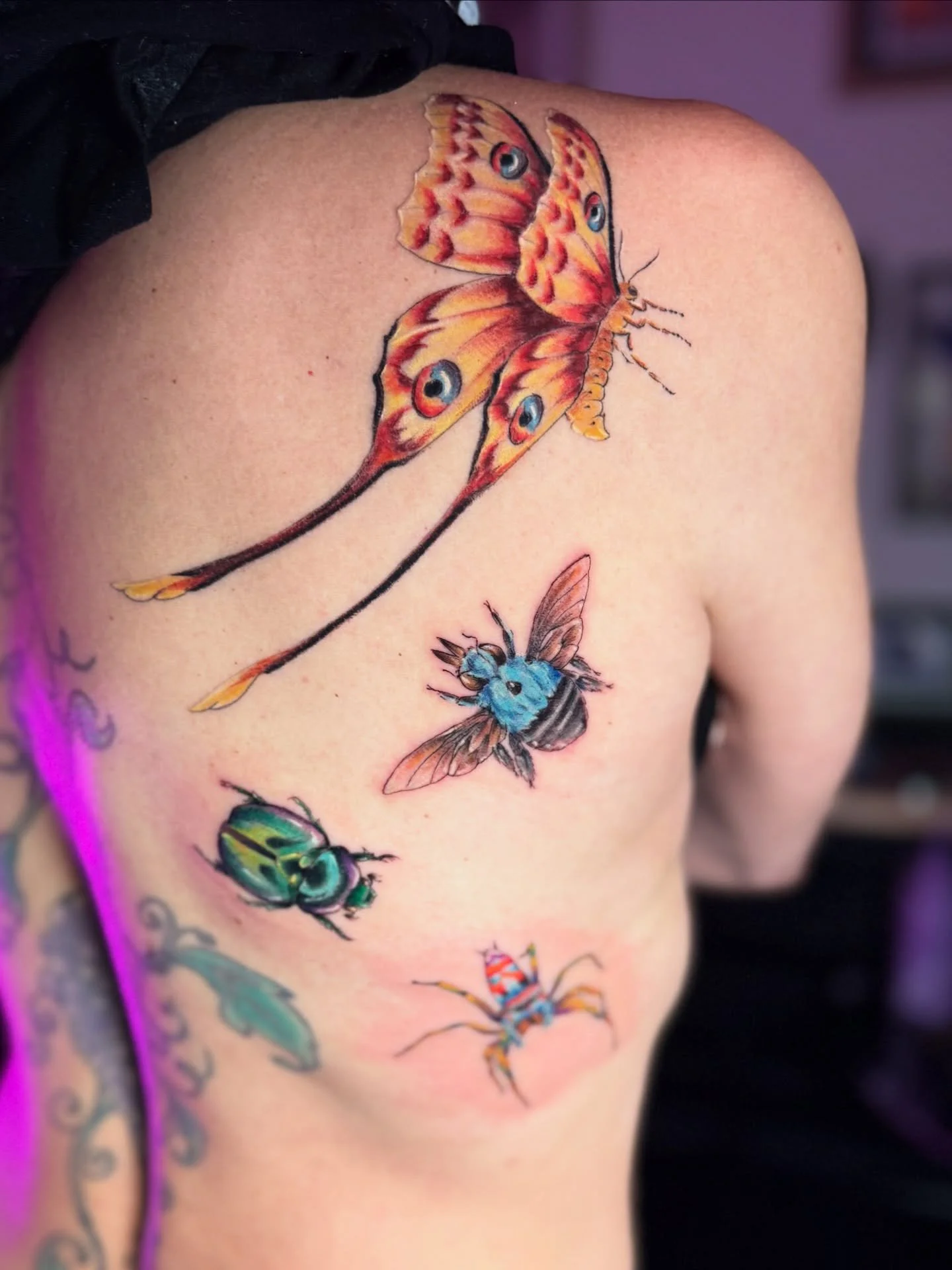 For Amanda, sincerely, thank you for you babe. 
I’m so excited to add more bugs, and tackle your spine piece, until next time 🕷️ 
✨ Hey there!! If you’re looking to get your next piercing, tattoo, a cover up or even start a project, le