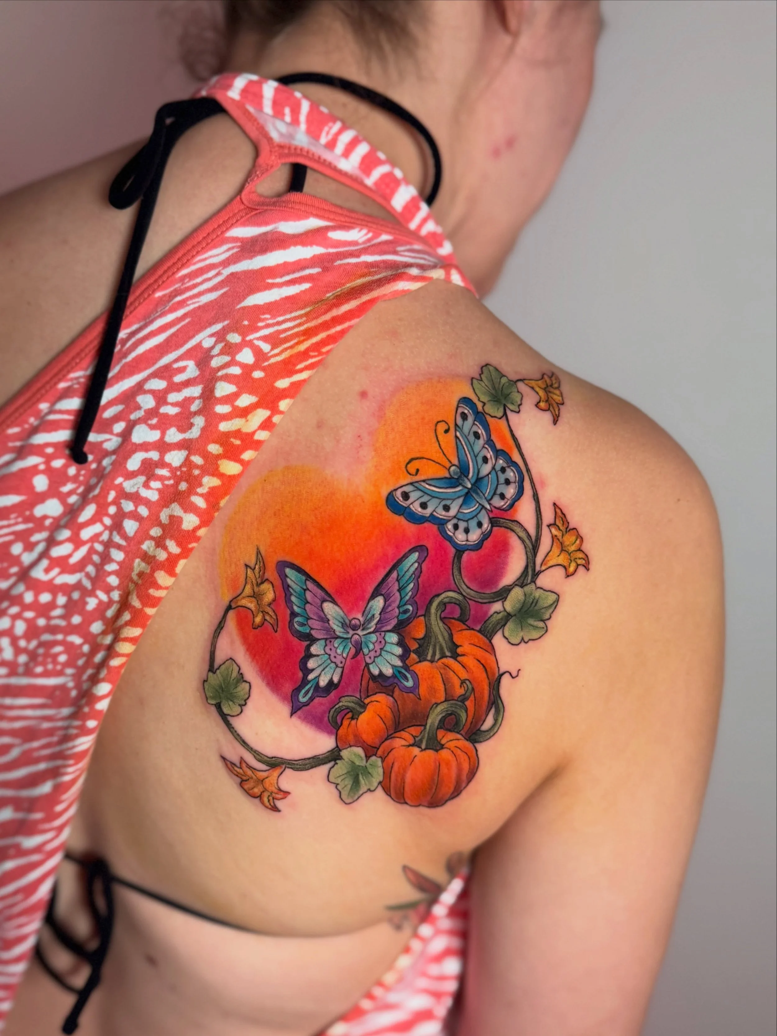 For one of raddest babes to grace the IPC, Steffanie. This piece is a memorial for her best friend (the butterfly with the semicolon), her grandpa(the pumpkin patch), and her grandma (the all blue butterfly, taken from memory of what grandmas actual 