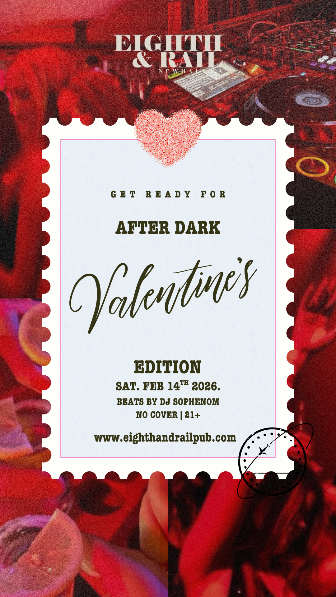 Valentine's Day event poster with a DJ booth in the background, a heart graphic, and detailed event information including date, time, and website.