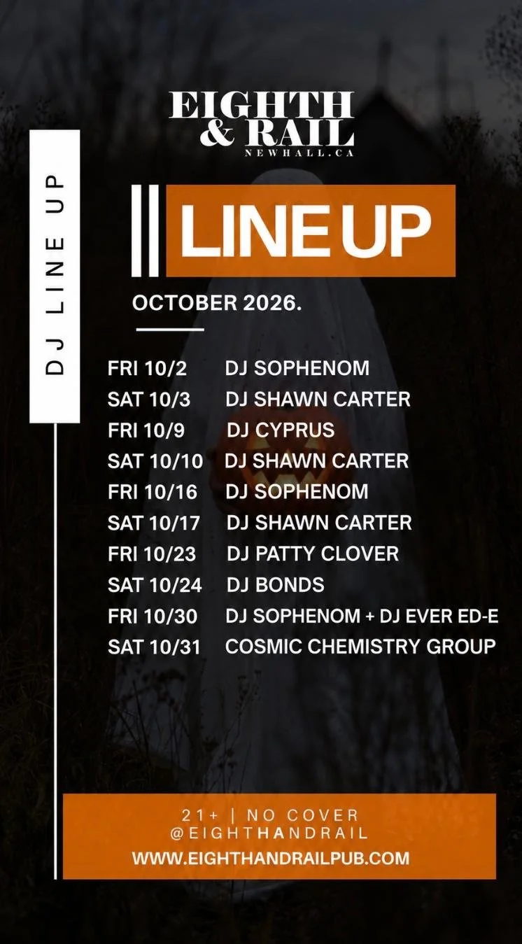 Poster for upcoming live music events at Eighth & Rail in October 2026, featuring multiple DJ performances on Fridays and Saturdays, with additional bands and group performances, along with venue details and website.