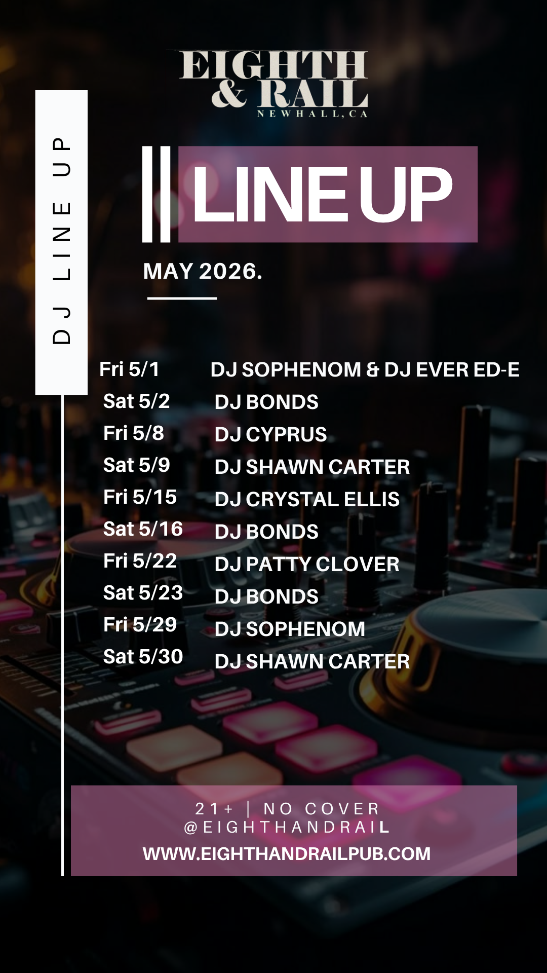 Event lineup poster for Eighth & Rail at Newhall, CA in April 2026, featuring dates and DJ performances, with a background of people dancing and palm trees at sunset.