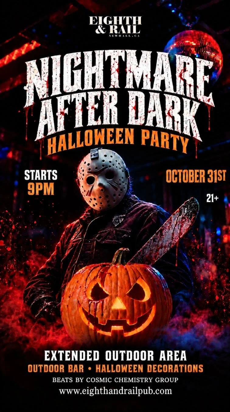 A Halloween event poster for 'Nightmare After Dark' at Eighth & Rail featuring a masked figure holding a carved pumpkin with a sinister face, a chainsaw, and a spooky background with a disco ball, promoting a Halloween party on October 31st starting at 9 PM, for ages 21 and over.