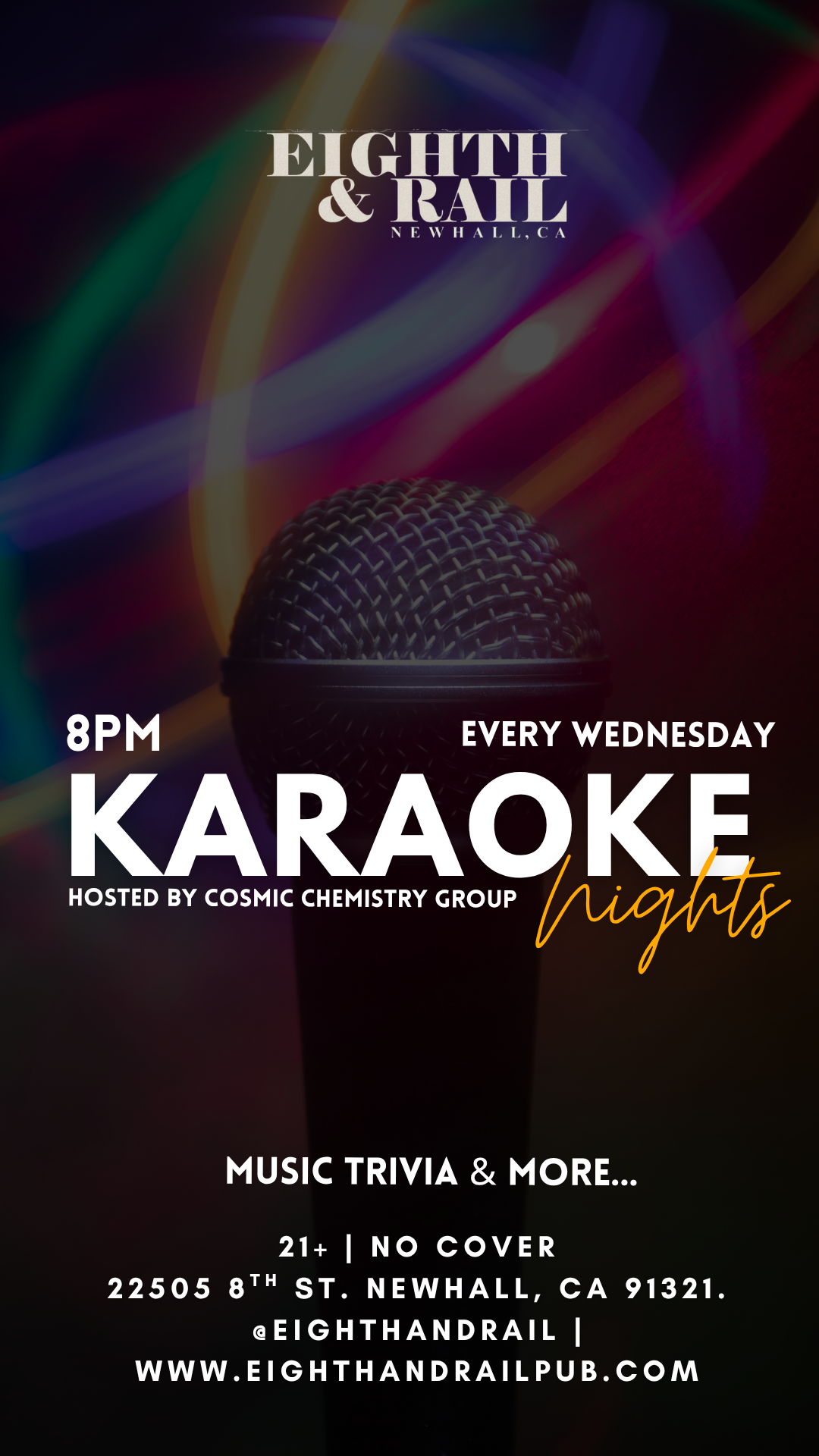 Poster advertising weekly karaoke nights at Eighth & Rail pub featuring a vintage microphone on a dark background with the event details.
