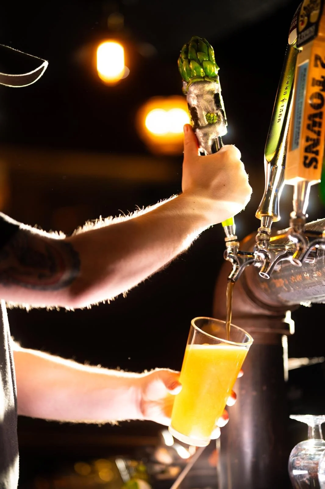 Person pouring draft beer from tap into a glass in a bar with warm lighting.