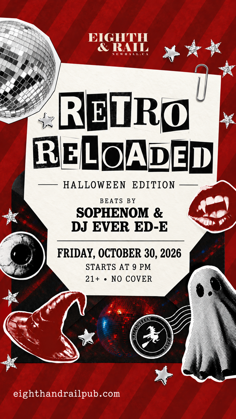 Promotional flyer for a Halloween-themed event called 'Retro Reloaded' at Eighth & Rail, featuring beats by Sopenhorm and DJ Ever Ed-E. The event is on October 30, 2026, starting at 9 pm, with no cover charge and age limit of 21+. The flyer has a red and black background with disco balls, stars, a ghost, devil horns, a mouth with fangs, and a logo with a witch on a broomstick.