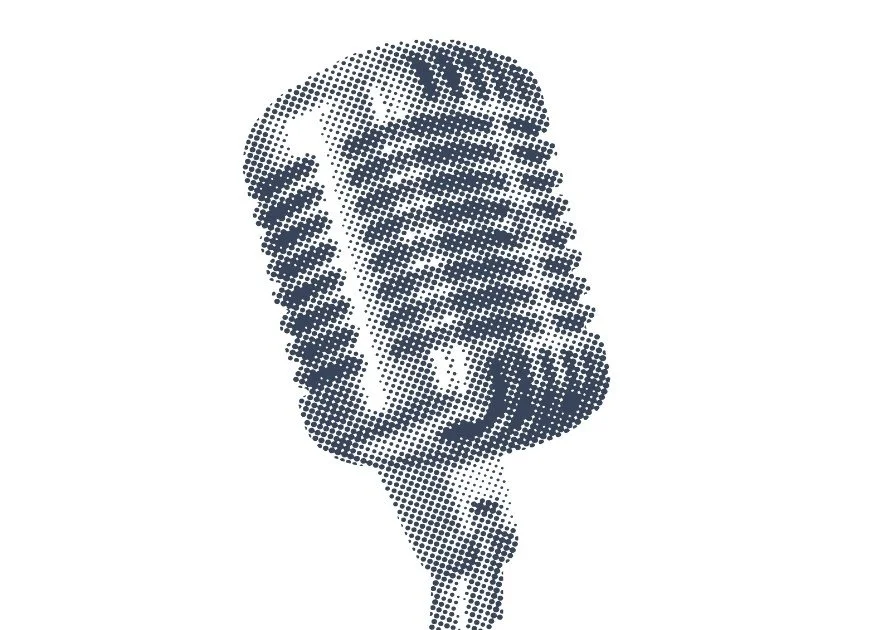 Halftone illustration of a vintage microphone.