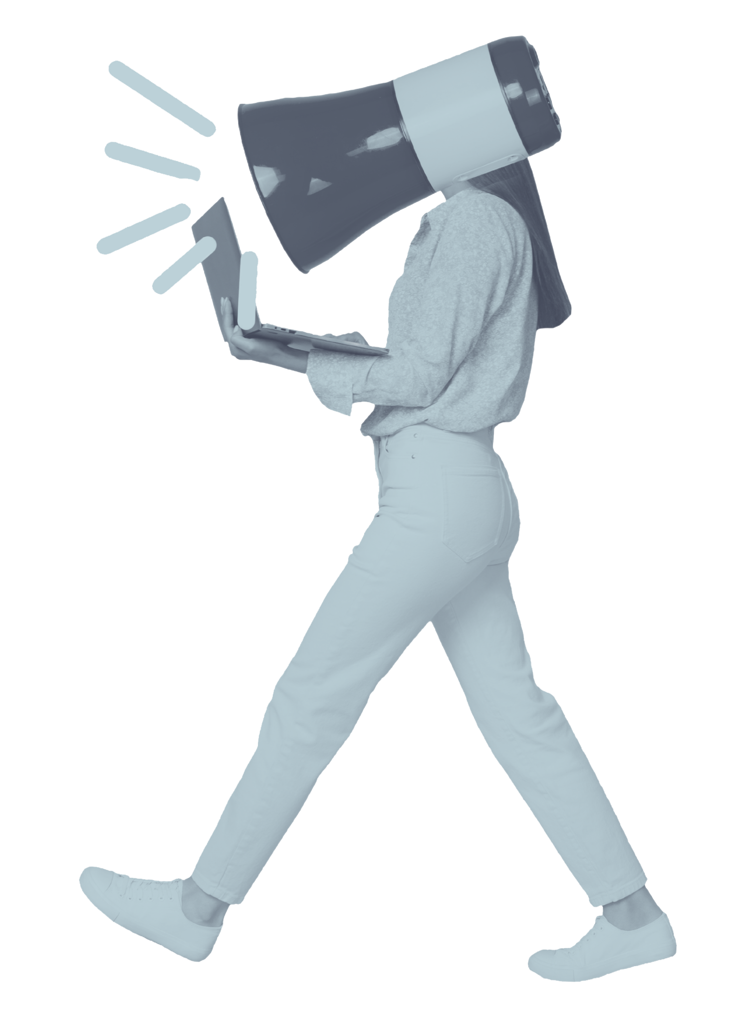 A person walking with a megaphone head and holding a laptop.