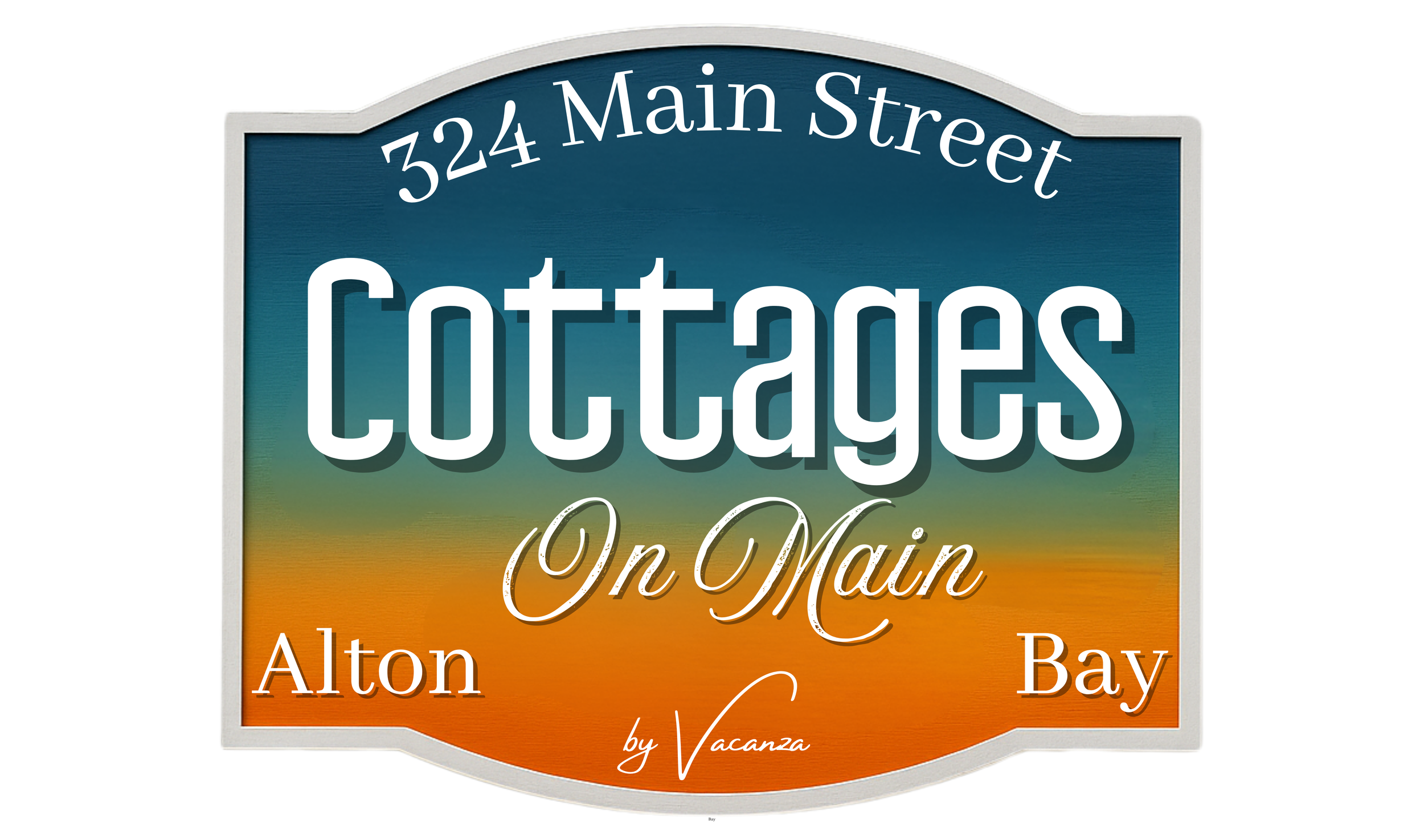 Colorful sign reads 324 Main Street cottages on Main, Alton Bay, by Vacanza.