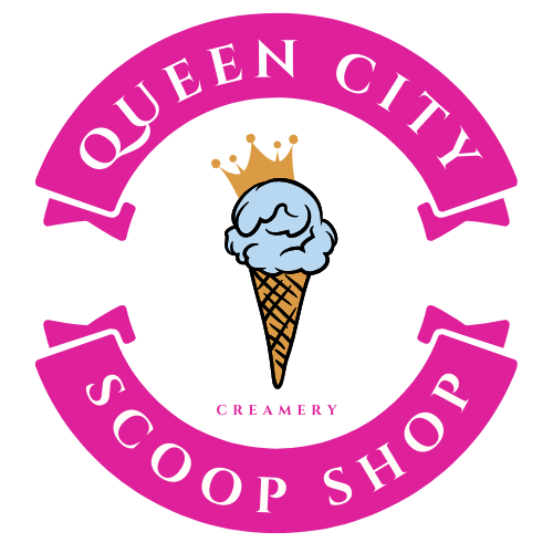 Logo for Queen City Scoop Shop Creamery featuring an ice cream cone with a crown on top, surrounded by a pink circular banner with the shop's name.