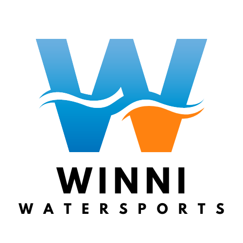 Logo for WINNI Watersports featuring a large letter W with water and orange wave design elements.
