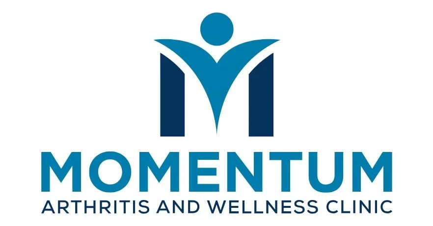 Logo for Momentum Arthritis and Wellness Clinic featuring a stylized human figure with arms raised, in shades of blue, above the clinic name.