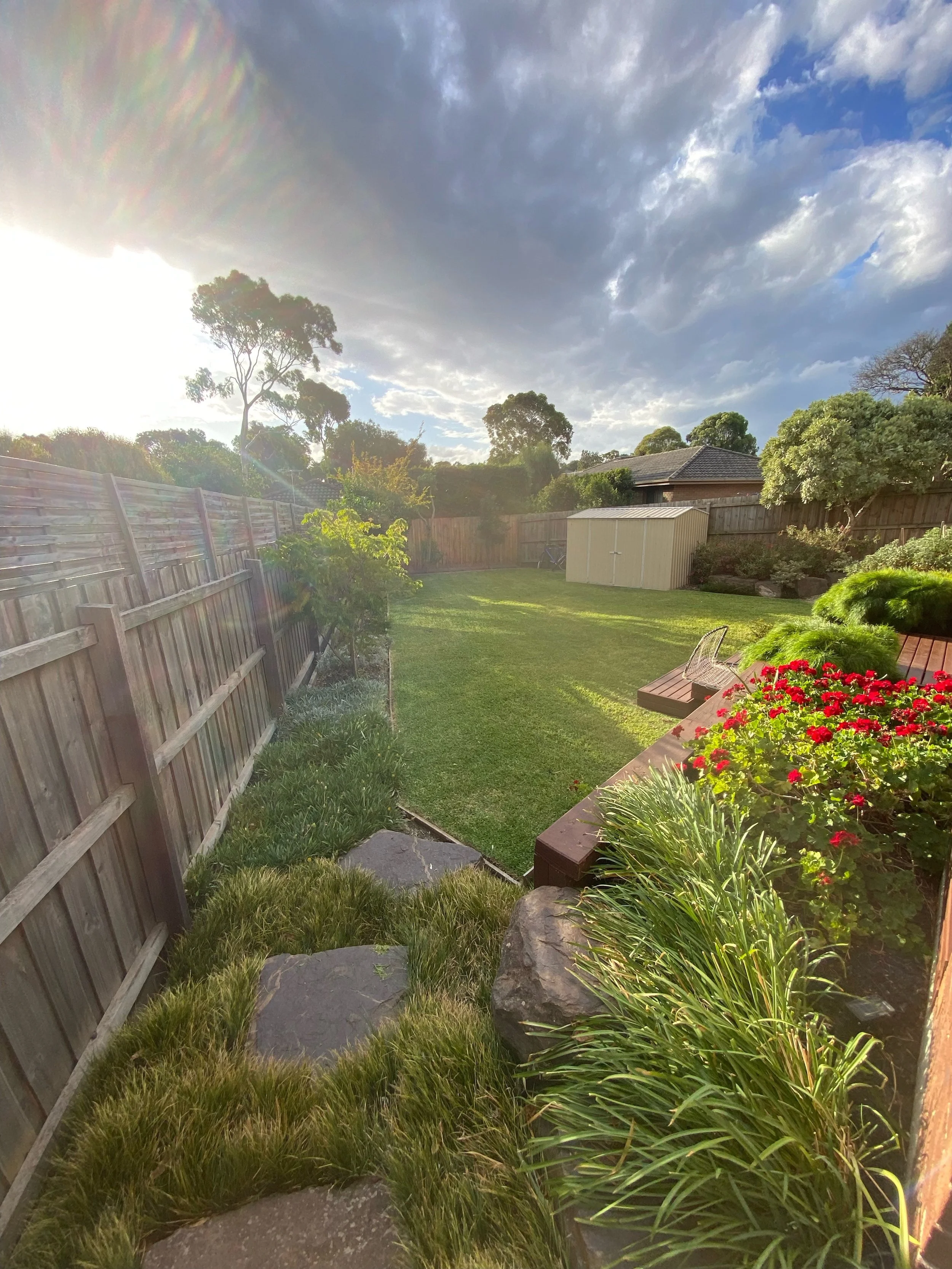 Backyard with grassy lawn, flowerbed with red flowers, stone pathway, wooden fence, and garden shed under a cloudy sky with sunlight.
