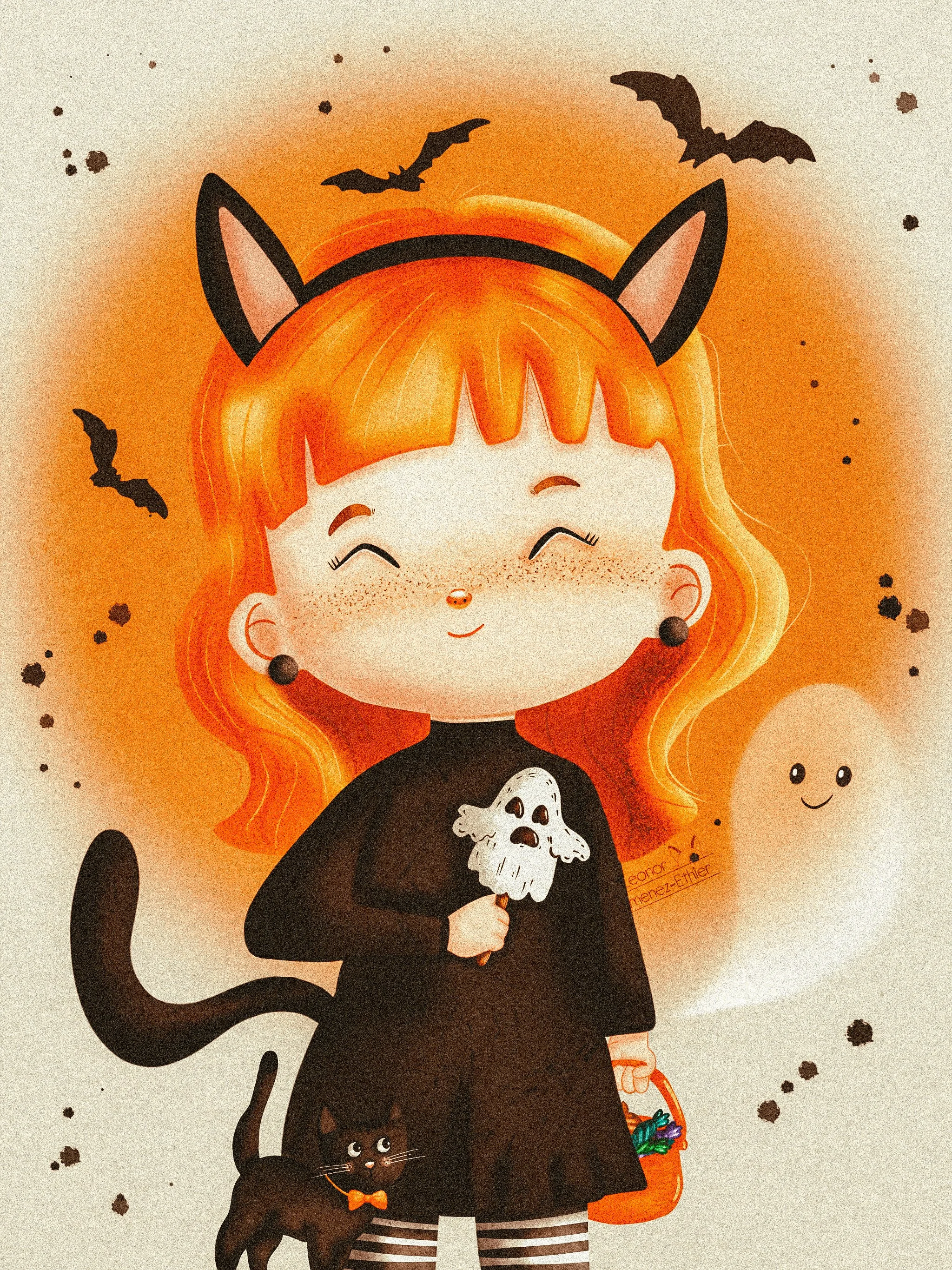 Spooky Cat Girl – A kawaii girl in a cozy cat costume holding a little ghost-shaped candy. Cute, playful, and perfect for Halloween collections, children’s products, festive stationery, and whimsical seasonal art.