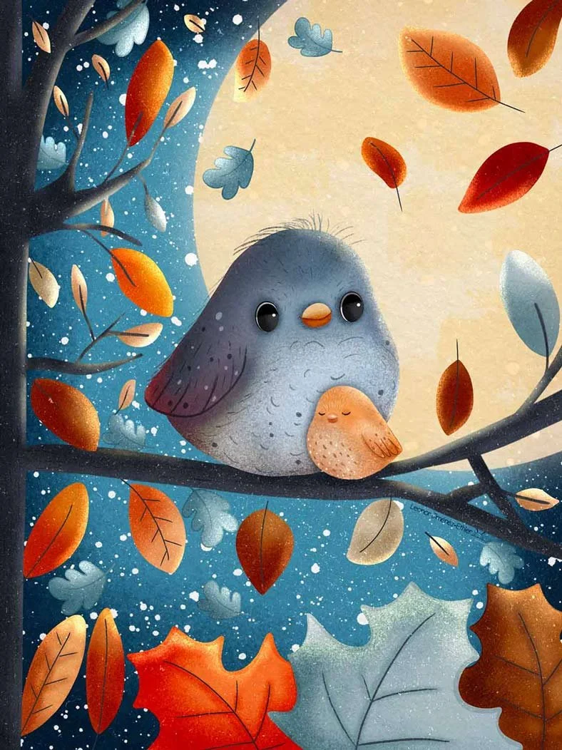 Autumn Birds – Two cozy kawaii birds perched together under a calm autumn night sky, surrounded by warm seasonal leaves. Perfect for fall collections, greeting cards, friendship themes, and heartwarming stationery.