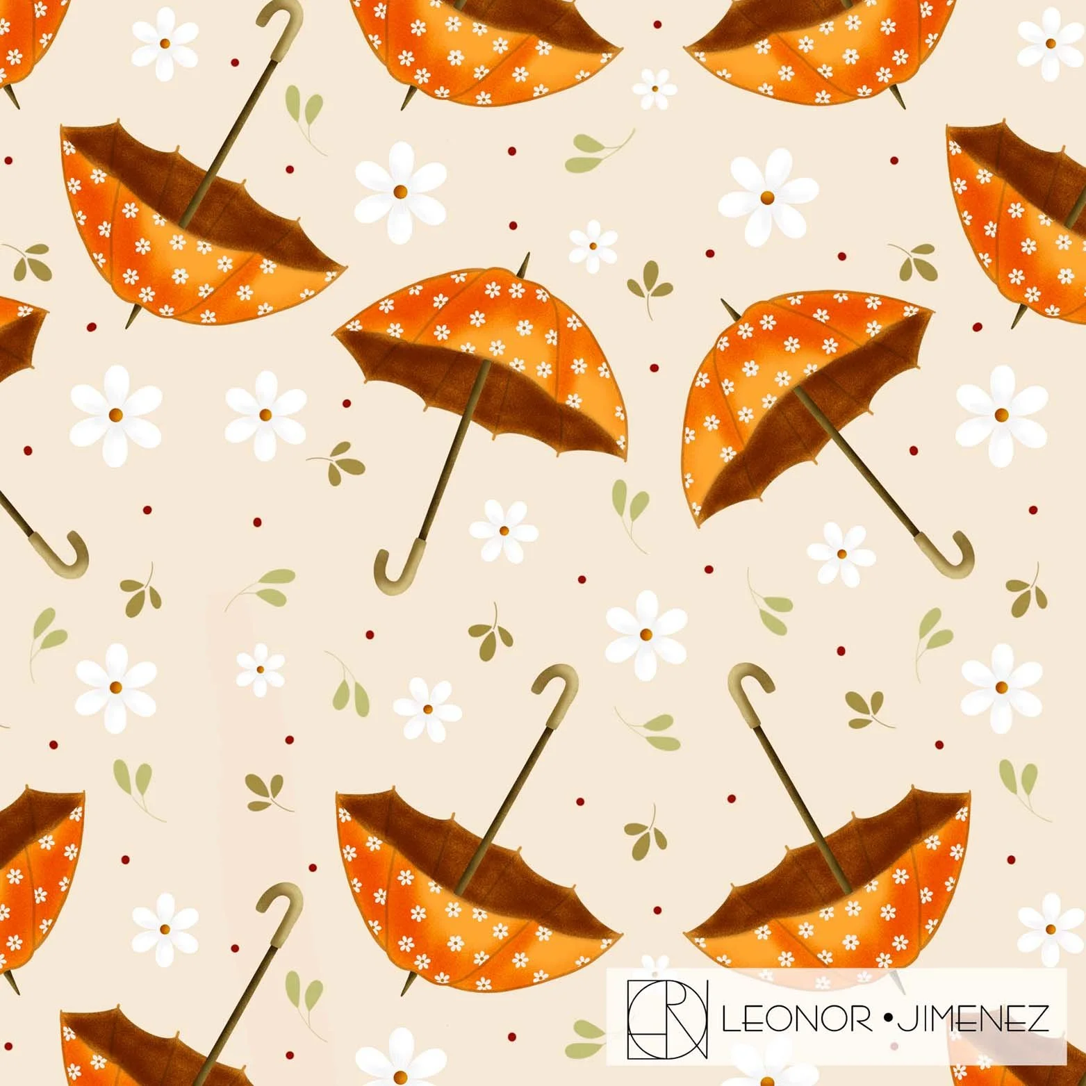 Rainy Day Charm – A cozy pattern of whimsical umbrellas and scattered flowers in warm autumn shades. Ideal for seasonal stationery, gift wrap, fabric, and fall-themed product lines.