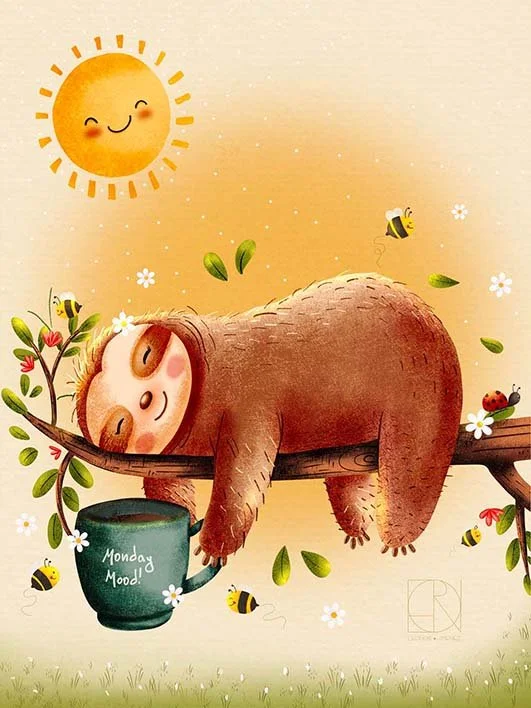 Snuggle Sloth – A cozy kawaii sloth resting peacefully with soft, warm details and gentle charm. Perfect for wellness art, nursery décor, calming product lines, and feel-good stationery collections.