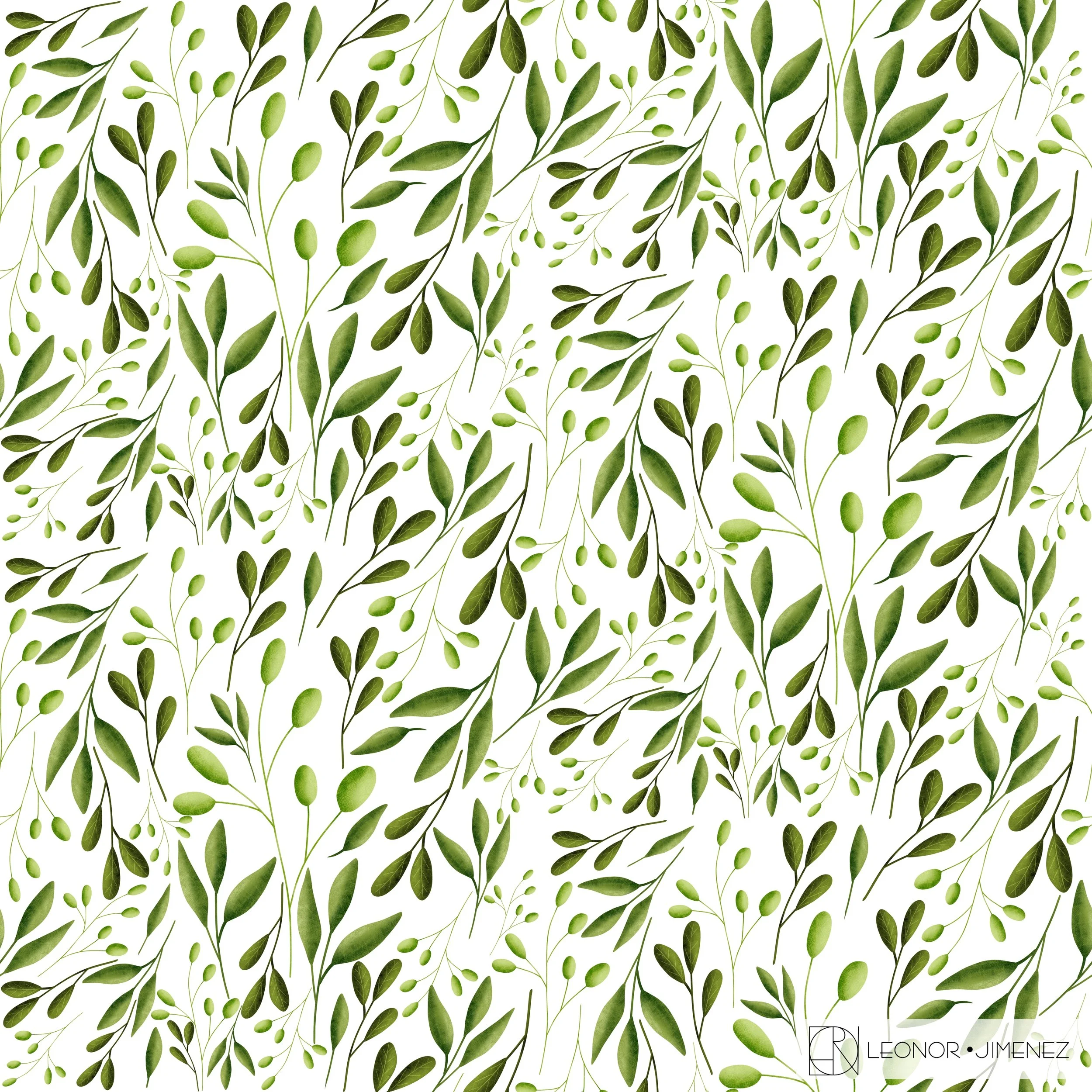 Fresh Leaves – A soft, airy pattern of watercolor-style green leaves. Perfect for spring collections, eco-friendly branding, journals, packaging, and botanical-themed products.
