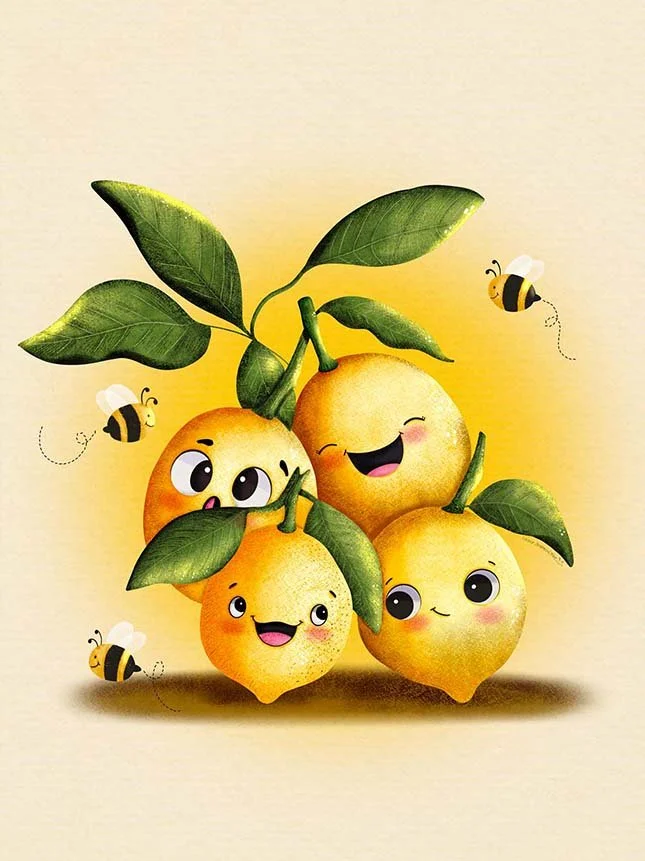 Sunny Lemons – A cheerful cluster of kawaii lemons with soft expressions and playful bees. Perfect for kitchen décor, children’s products, summer collections, and bright, feel-good stationery.